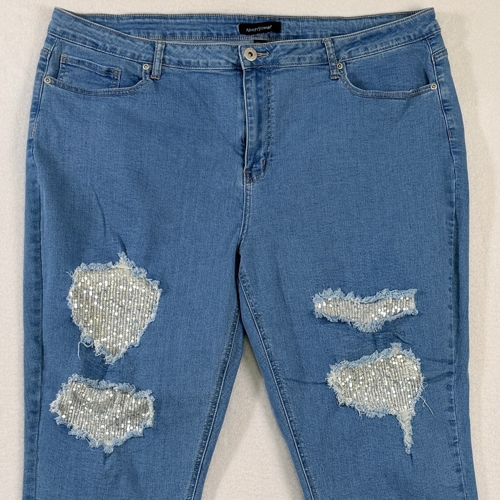Ashley Stewart Jeans Sz 22 Distressed Sequin Ripped High Rise Tapered Glam Denim